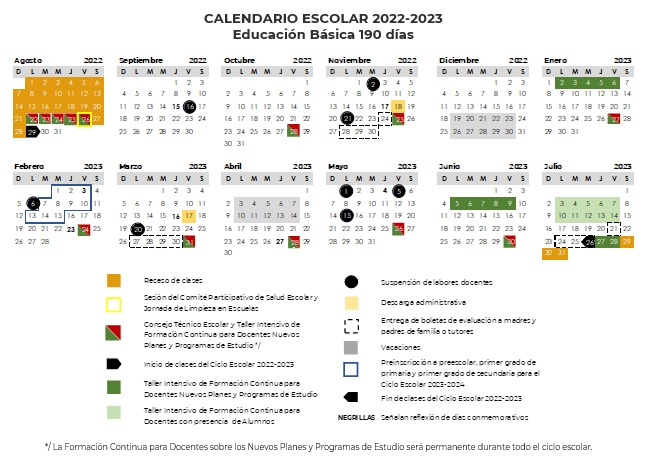 CALENDARIO ESCOLAR 2022-2023 DE EDUCACIÓN BÁSICA Y NORMAL
